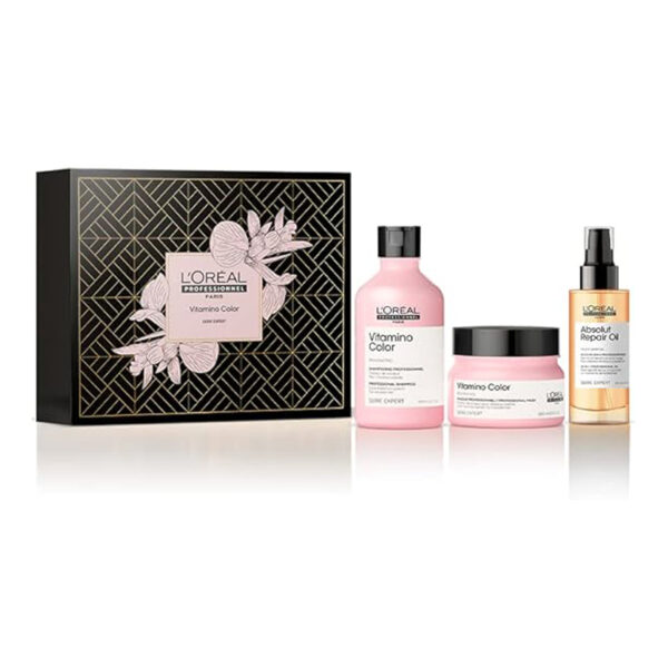 L'Oréal Professionnel Kit Vitamino Color - Shampoo 300ml + Máscara de tratamento 250g + Absolut Repair Óleo 10 em 1-90ml, Para reconstrução dos fios, proteção da cor, e cabelos mais brilhosos