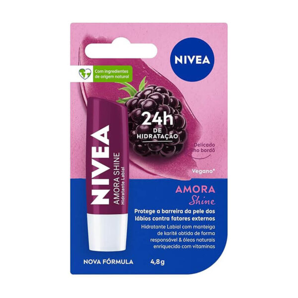 NIVEA Hidratante Labial Amora Shine 4,8 g - Cuidado intensivo para seus lábios, hidratação prolongada, delicioso aroma de amora, pigmentos brilhantes e cor delicada