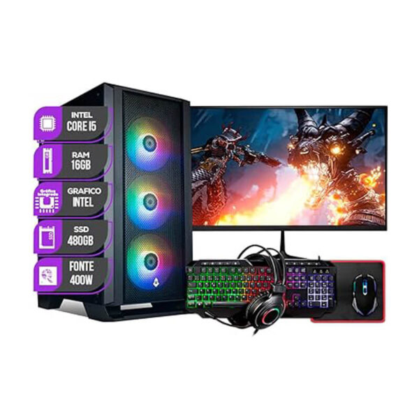PC Gamer Completo Mancer, Intel Core i5 8ª Geração, 16GB RAM, SSD 480GB + Combo Periférico Gamer + Monitor 21"