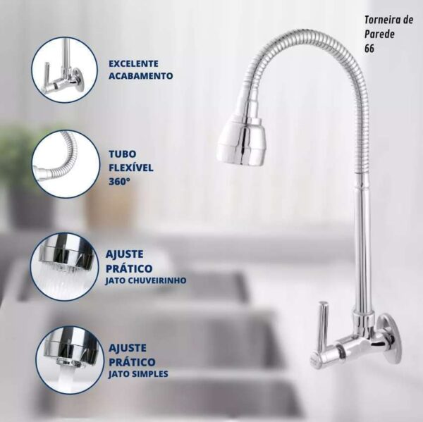 Torneira Metal Inox Gourmet Pia Cozinha Luxo De Parede