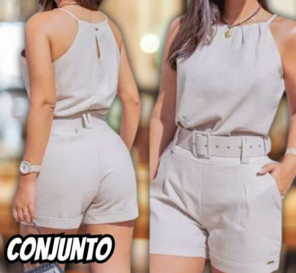 Conjunto Feminino Blusa + Shorts + Cinto Tecido Linho
