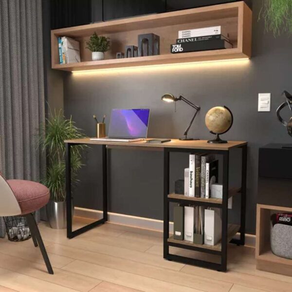 Mesa Escrivaninha Com 2 Prateleiras Industrial Ferro E Madeira Vintade