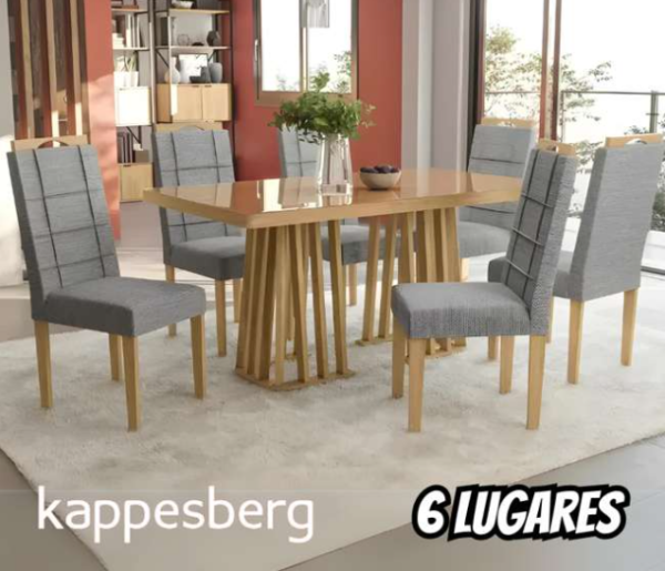 Mesa de Jantar 6 Cadeiras Retangular Cinza Kappesberg Esmeralda