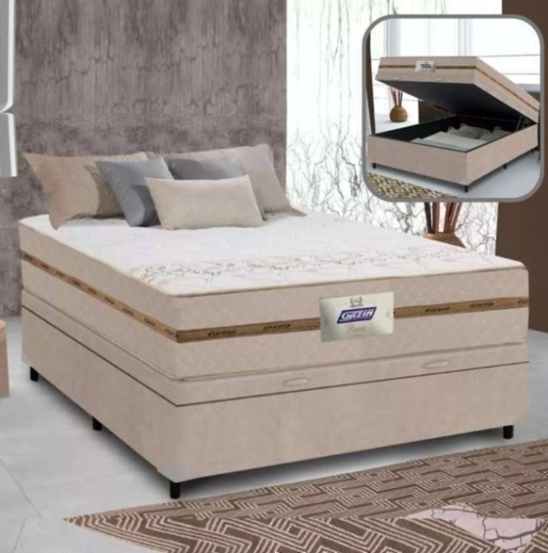 Gazin Flora Cama Box Baú Casal Colchão Molas 138x188x60cm Cor Bege